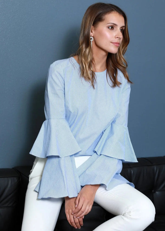 Women's Ruffle Bell Sleeve Shirt Blouse In Blue | Elegant Cotton Top | Lemon Hera