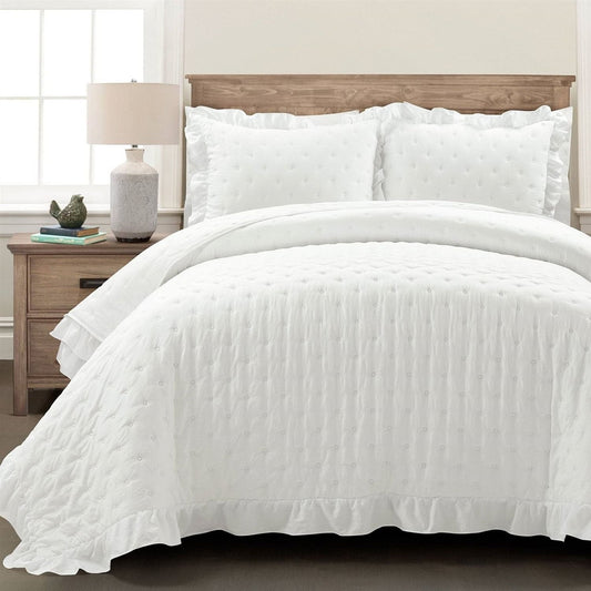 King Size Lightweight White Ruffle Reversible Oversized 3 Piece Quilt