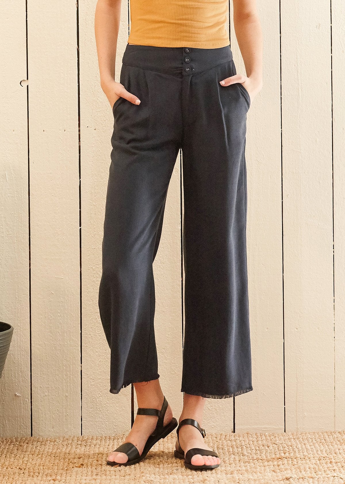 Women's Fringe Hem Cropped Pants in Navy | Lemon Hera