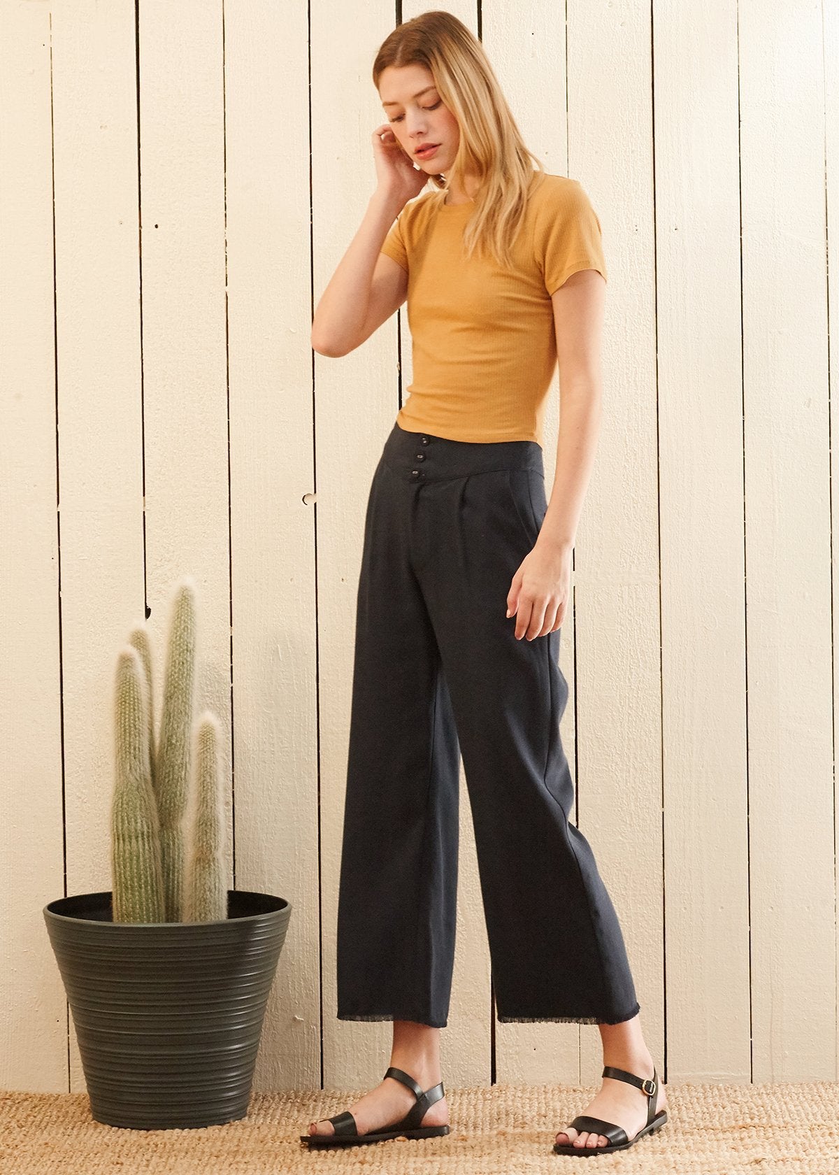 Women's Fringe Hem Cropped Pants in Navy | Lemon Hera