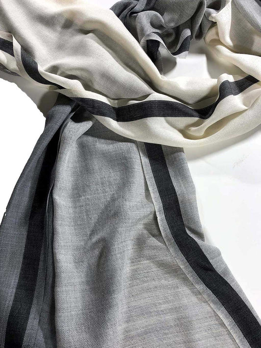Black and White Ombre Herringbone Wool and Silk Scarf