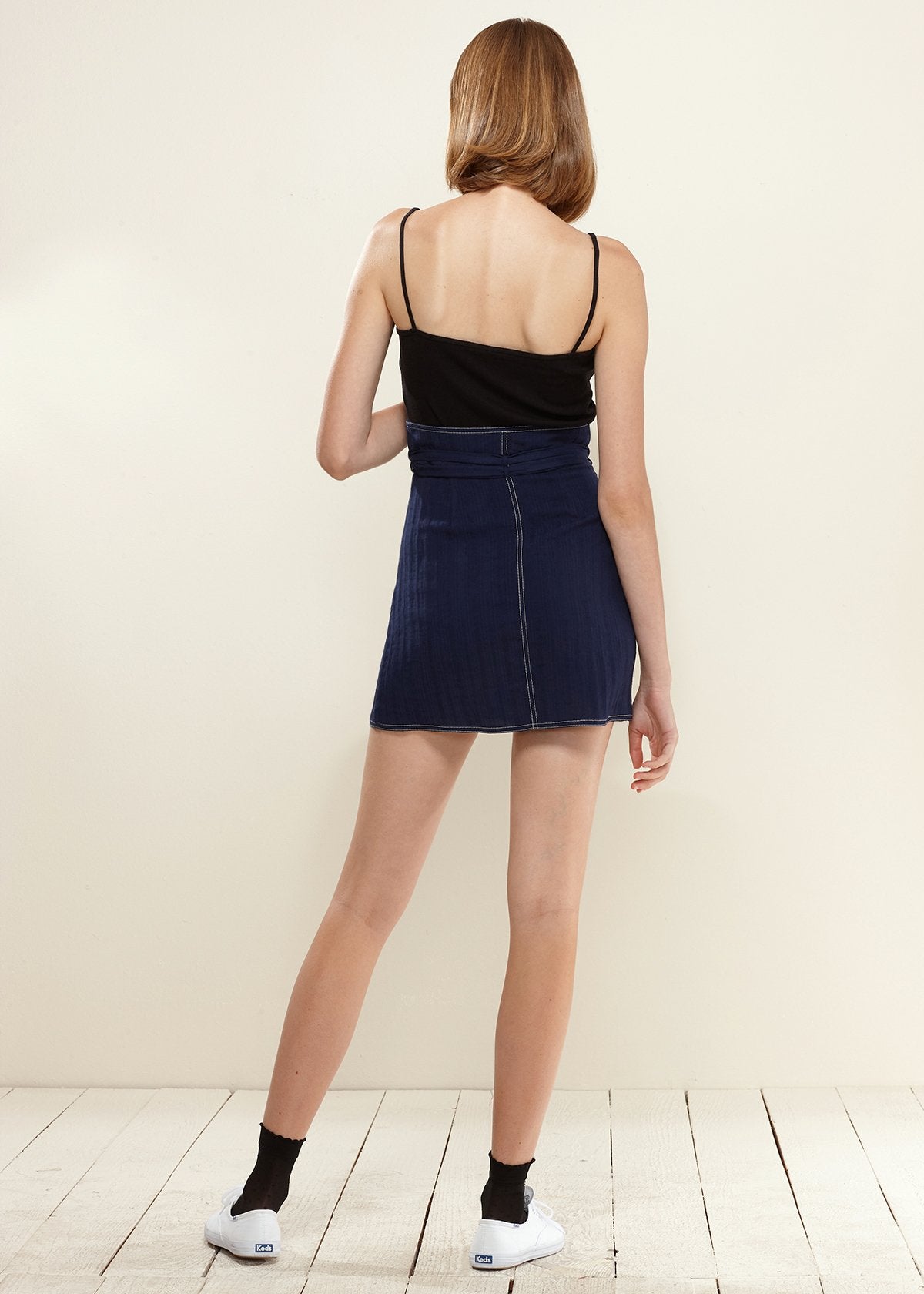 Women's Stitch Hem Double Strap High Waist Skirt in Navy | Lemon Hera