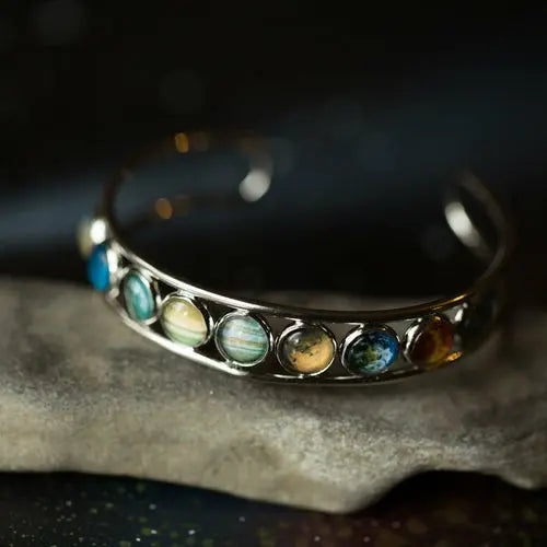Solar System Silver Bangle Bracelet – Adjustable Planetary Cuff, Rhodium Plated | Yugen Handmade