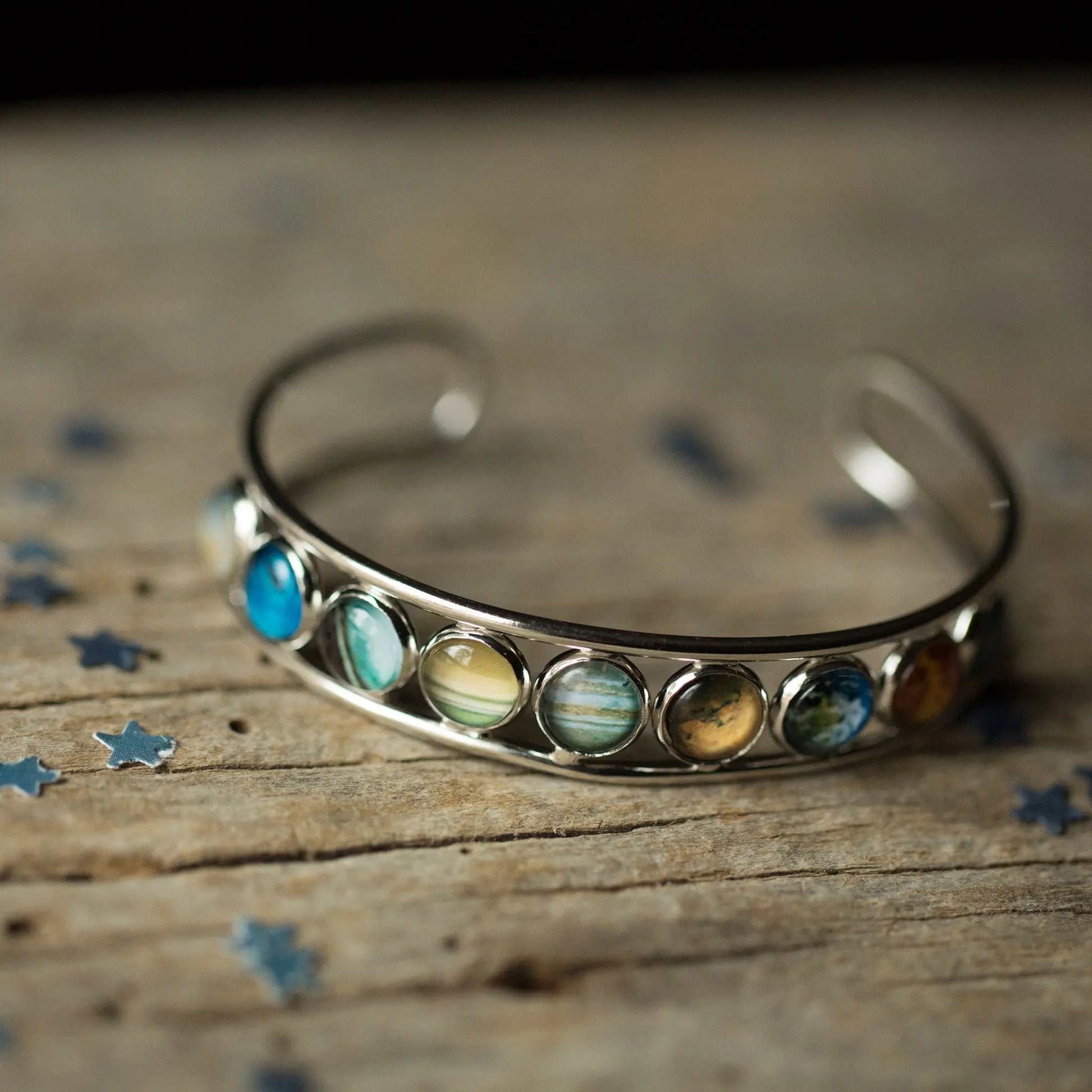 Solar System Silver Bangle Bracelet – Adjustable Planetary Cuff, Rhodium Plated | Yugen Handmade