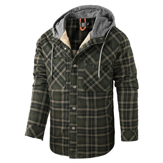 Men’s Fleece-Lined Hooded Plaid Flannel Jacket – Winter Cotton Padded