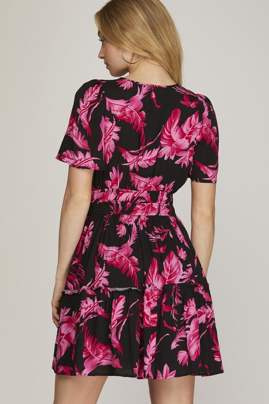 She + Sky Full Size Printed Notched Short Sleeve Frill Tiered Dress