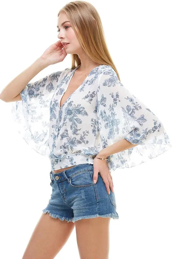 Long Sleeve Surplice Floral Top | Tie-Back Deep V Blouse | Indigo Arrowwood