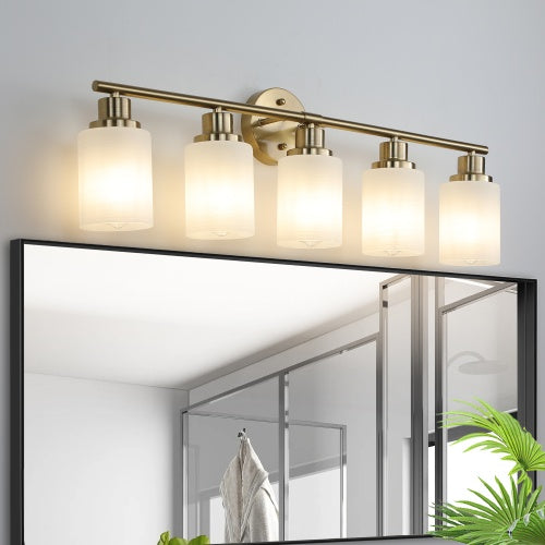 5 Lamps Gold Bathroom Vanity Lamp, Frosted Glass Shade, Modern Wall