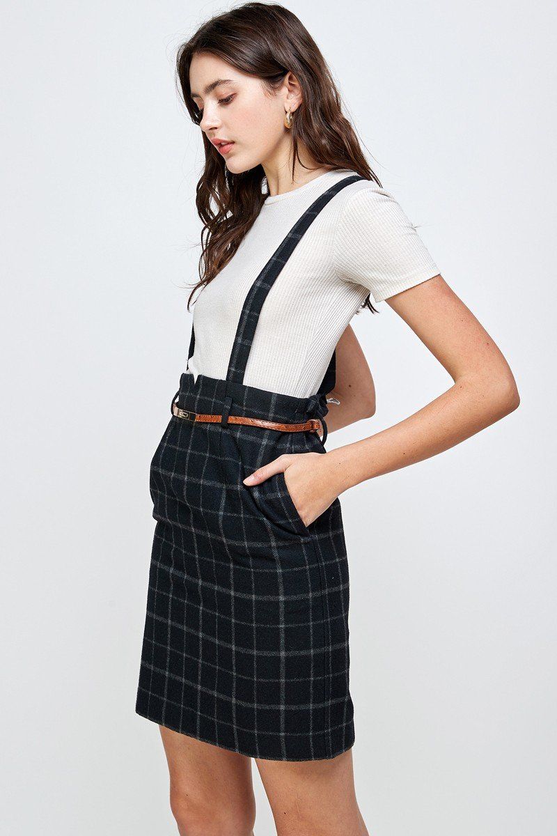 Plaid Suspender Skirt with Belt Detail | Indigo Arrowwood