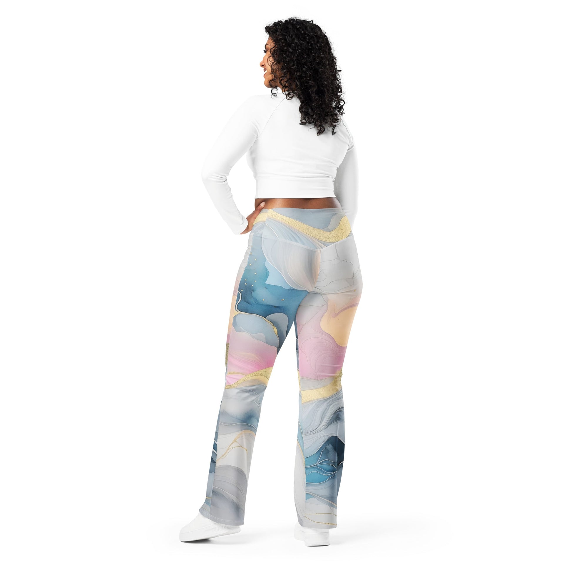 Womens Flare Leggings - Marble Cloud of Grey Pink Blue 72067 | Grey Coco