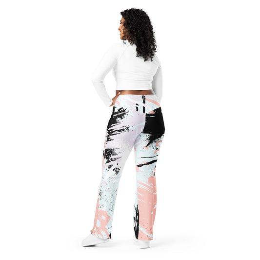 Womens Flare Leggings - Pink Black Abstract Print | Grey Coco