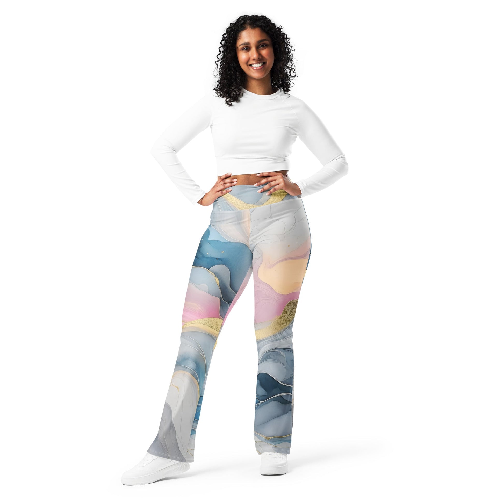 Womens Flare Leggings - Marble Cloud of Grey Pink Blue 72067 | Grey Coco