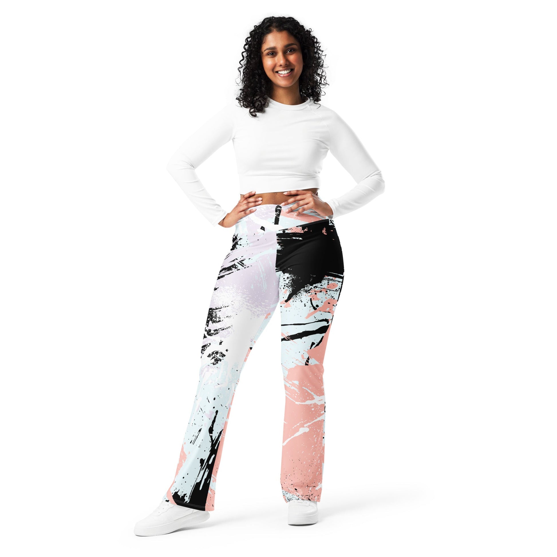 Womens Flare Leggings - Pink Black Abstract Print | Grey Coco