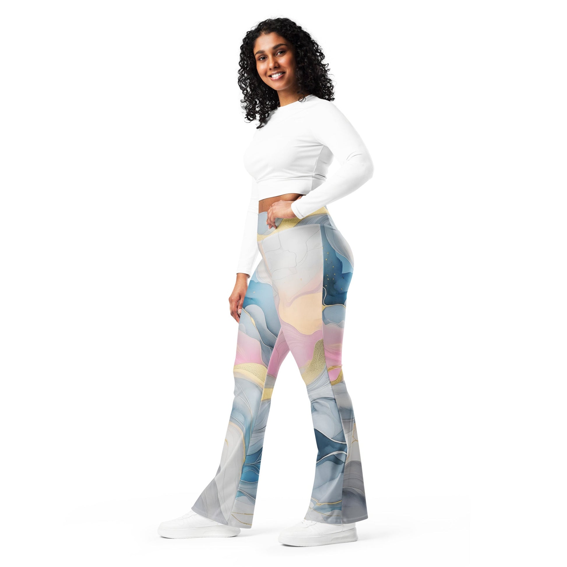 Womens Flare Leggings - Marble Cloud of Grey Pink Blue 72067 | Grey Coco