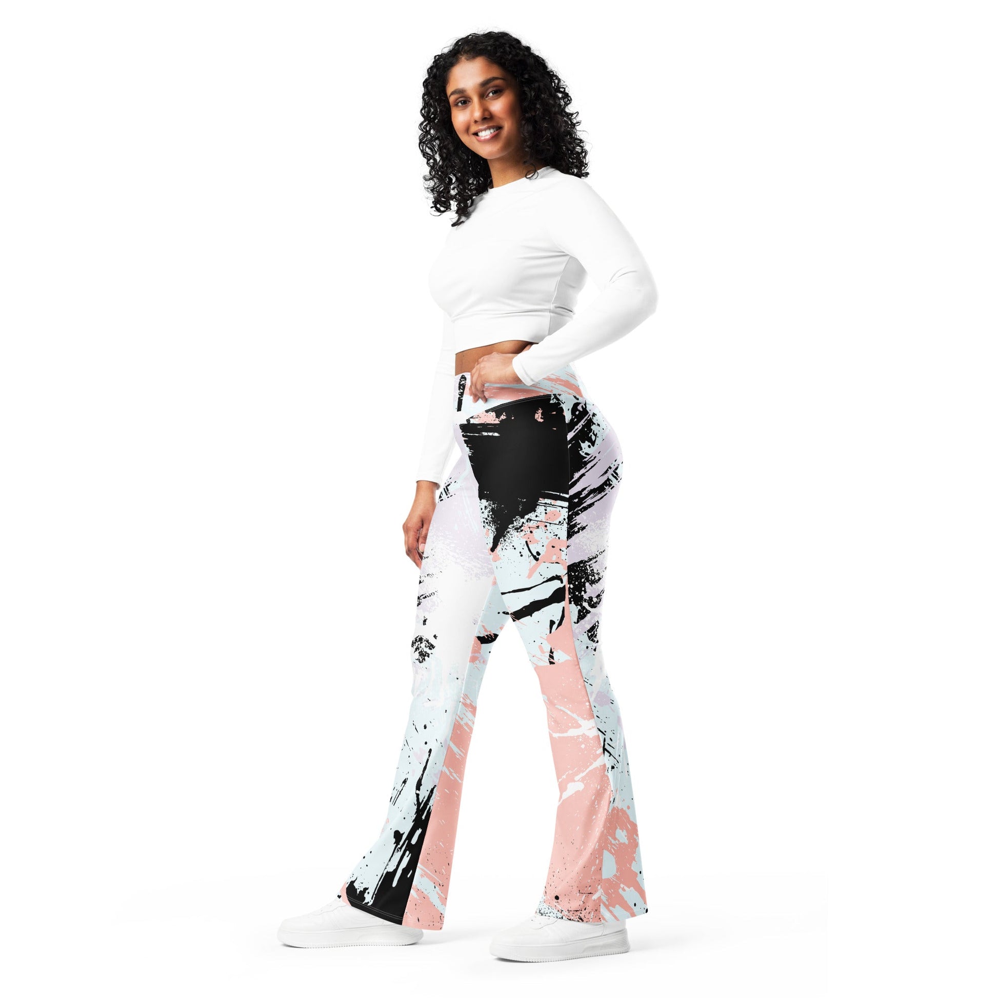 Womens Flare Leggings - Pink Black Abstract Print | Grey Coco