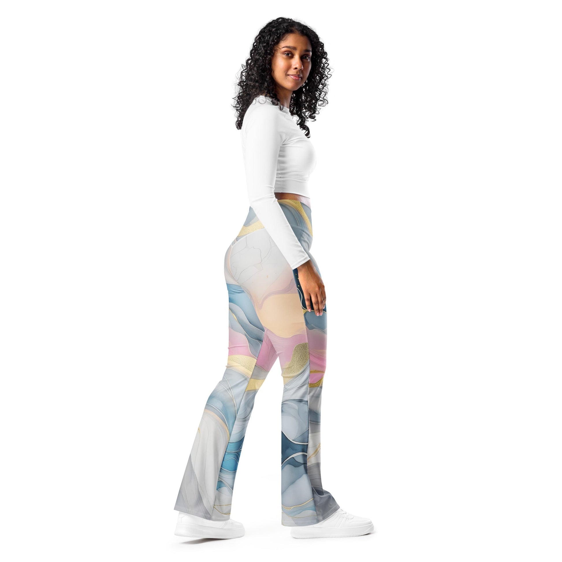 Womens Flare Leggings - Marble Cloud of Grey Pink Blue 72067 | Grey Coco