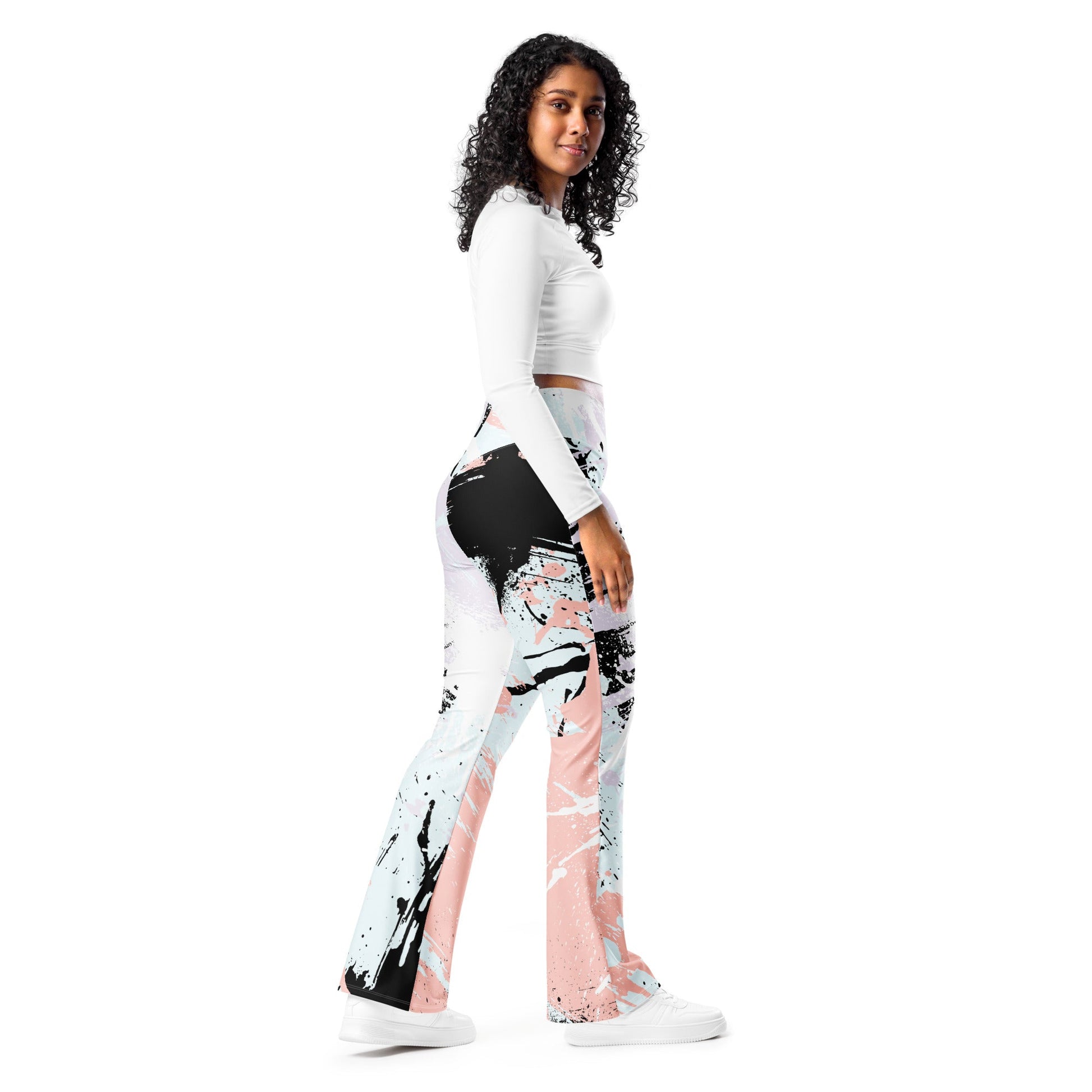 Womens Flare Leggings - Pink Black Abstract Print | Grey Coco