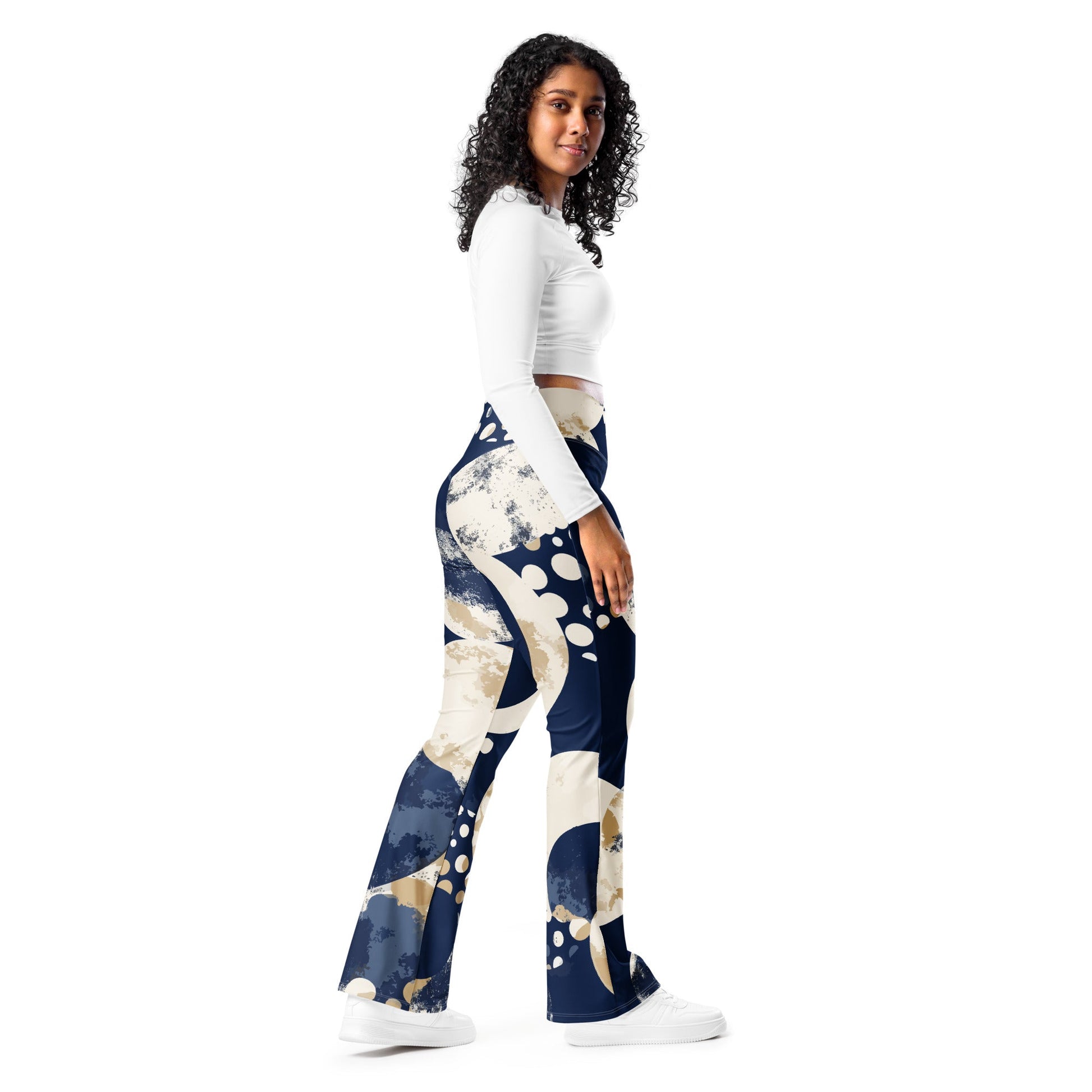 Womens Flare Leggings - Blue Beige Spotted Print | Grey Coco