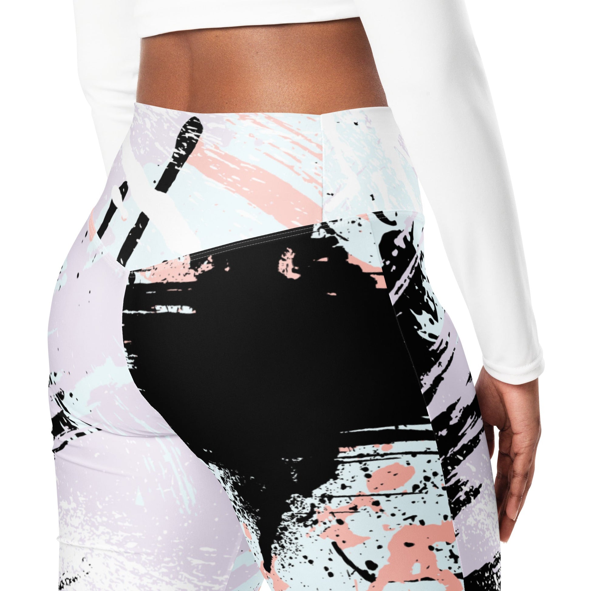 Womens Flare Leggings - Pink Black Abstract Print | Grey Coco