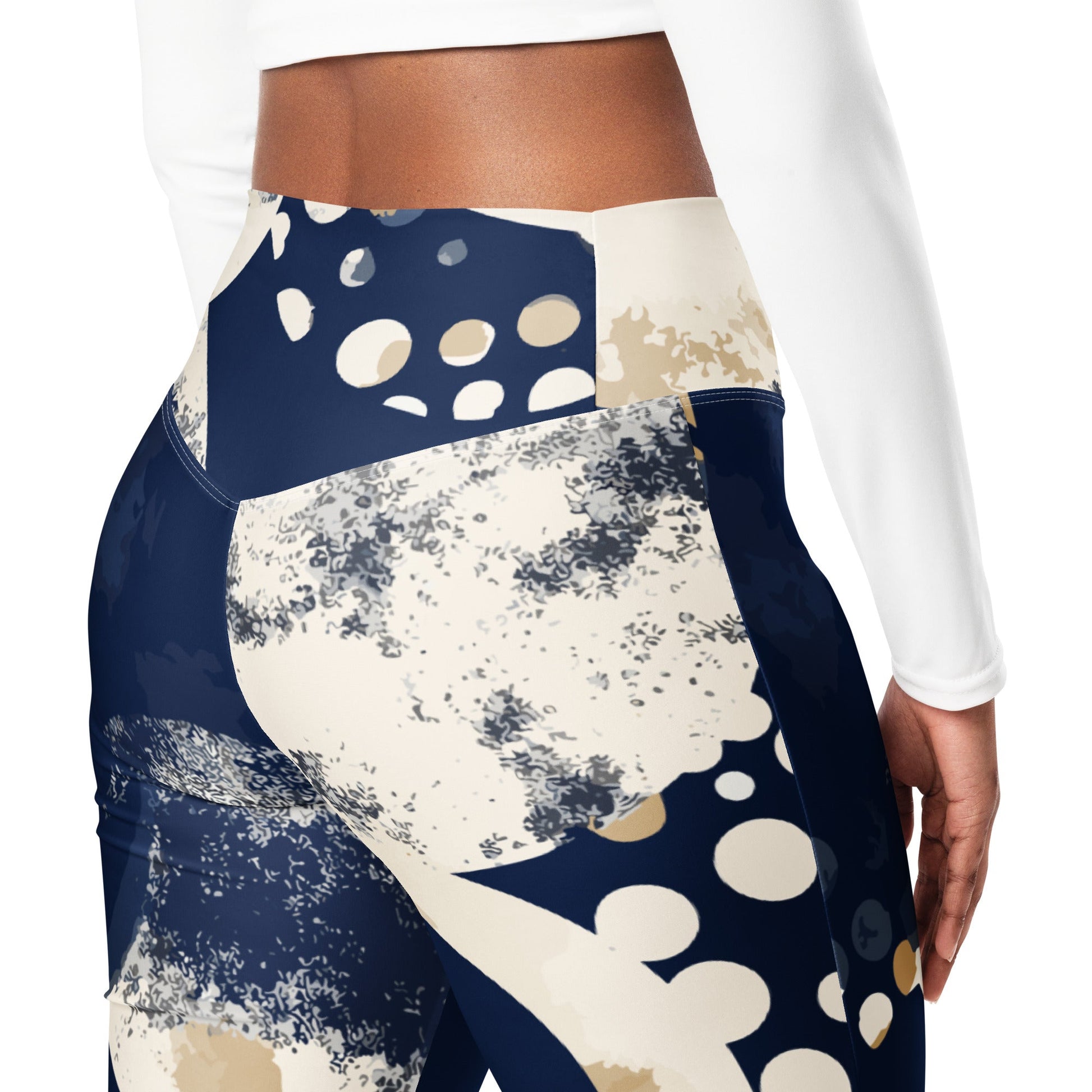 Womens Flare Leggings - Blue Beige Spotted Print | Grey Coco