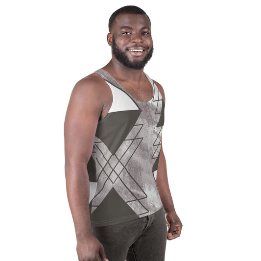 Mens Stretch Fit Tank Top - Ash Grey and White Triangular Colorblock