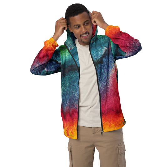 Mens Hooded Windbreaker Jacket - Multicolor Abstract Pattern