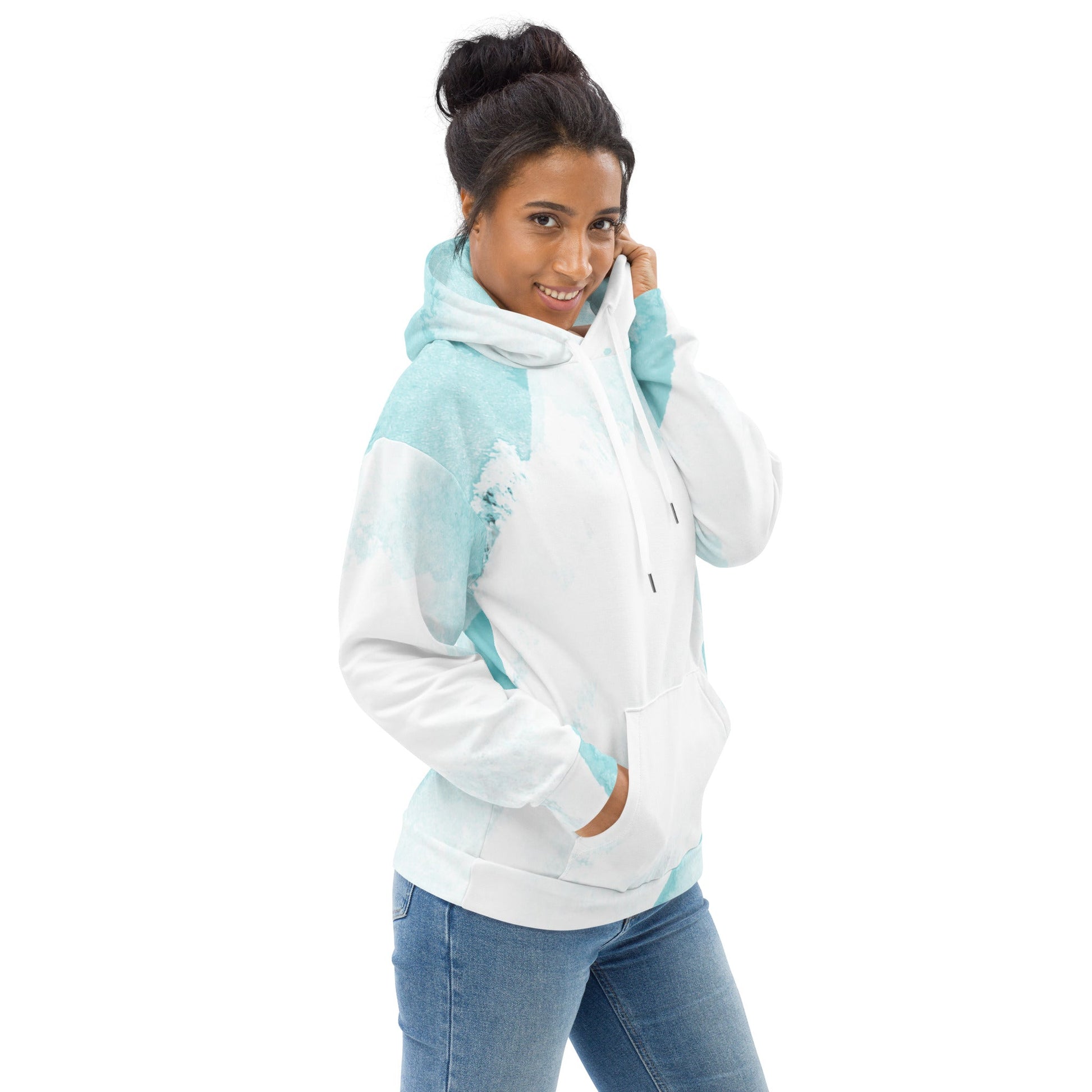 Womens Graphic Hoodie Subtle Abstract Ocean Blue and White Print | Grey Coco