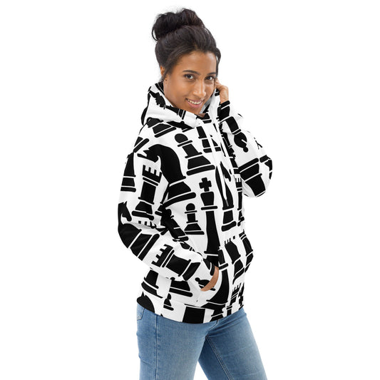 Womens Graphic Hoodie Black and White Chess Print | Trendy & Comfortable