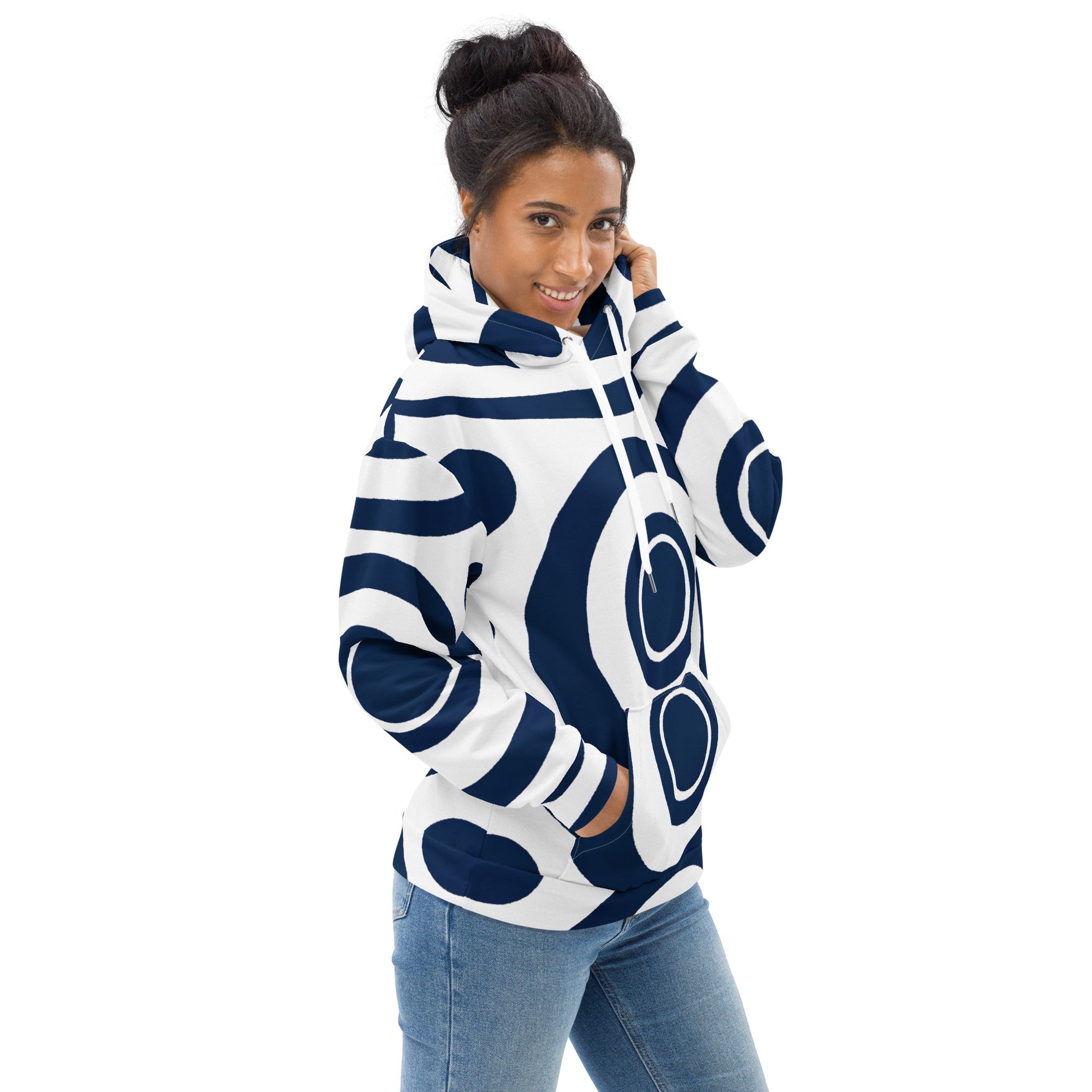 Womens Graphic Hoodie Navy Blue and White Circular Pattern | Grey Coco
