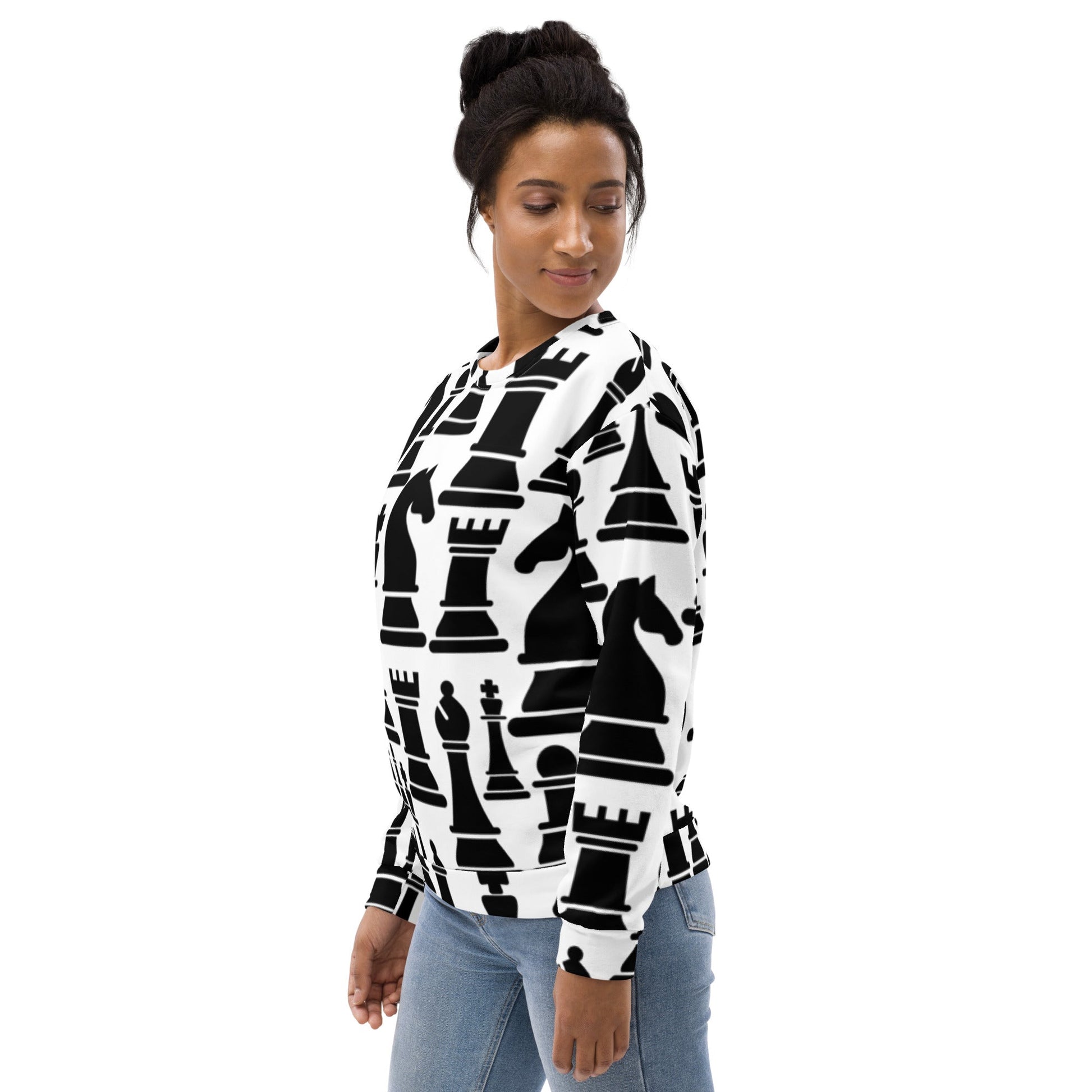 Graphic Sweatshirt for Women Black and White Chess Print | Grey Coco