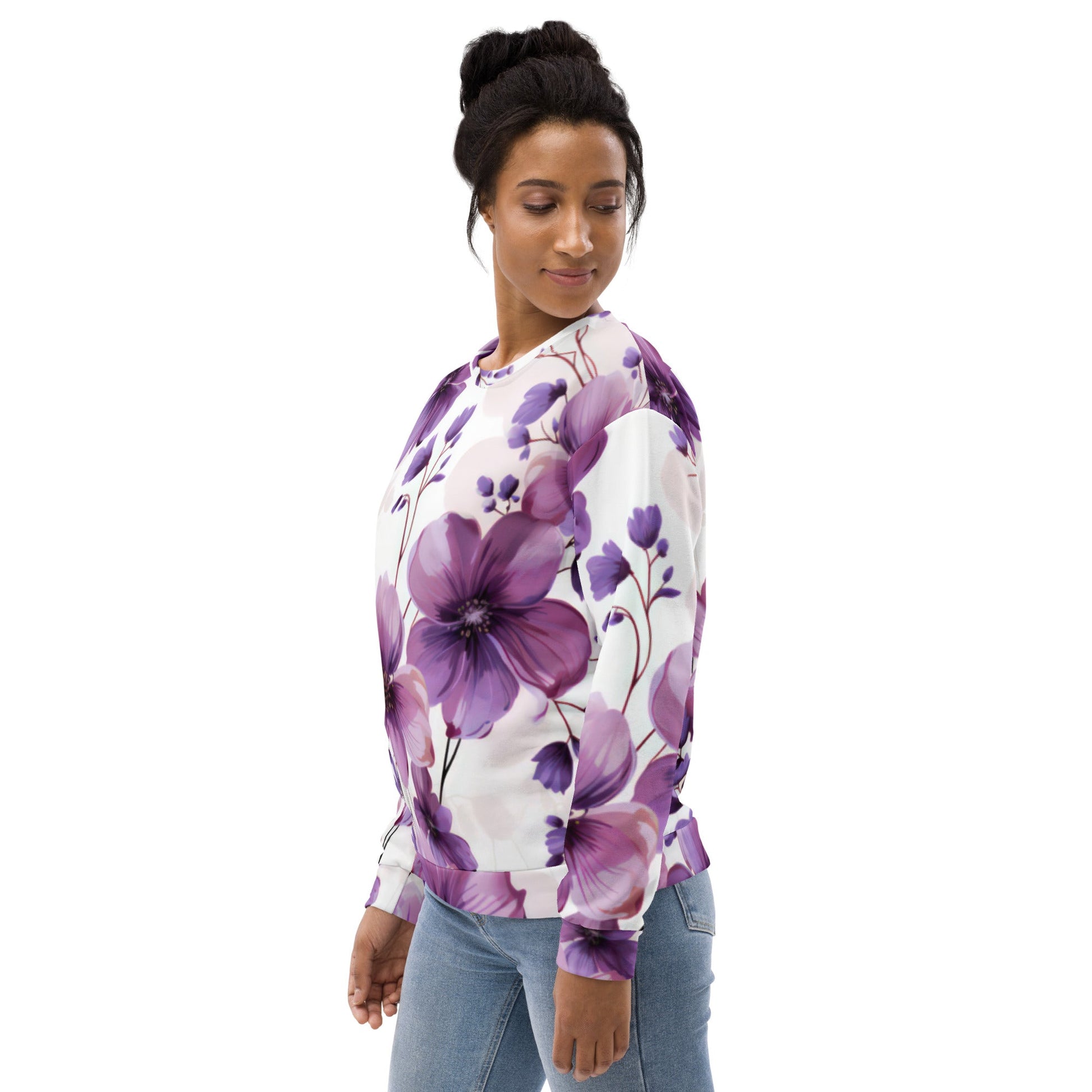 Graphic Sweatshirt for Women Purple Botanical Blooms | Grey Coco