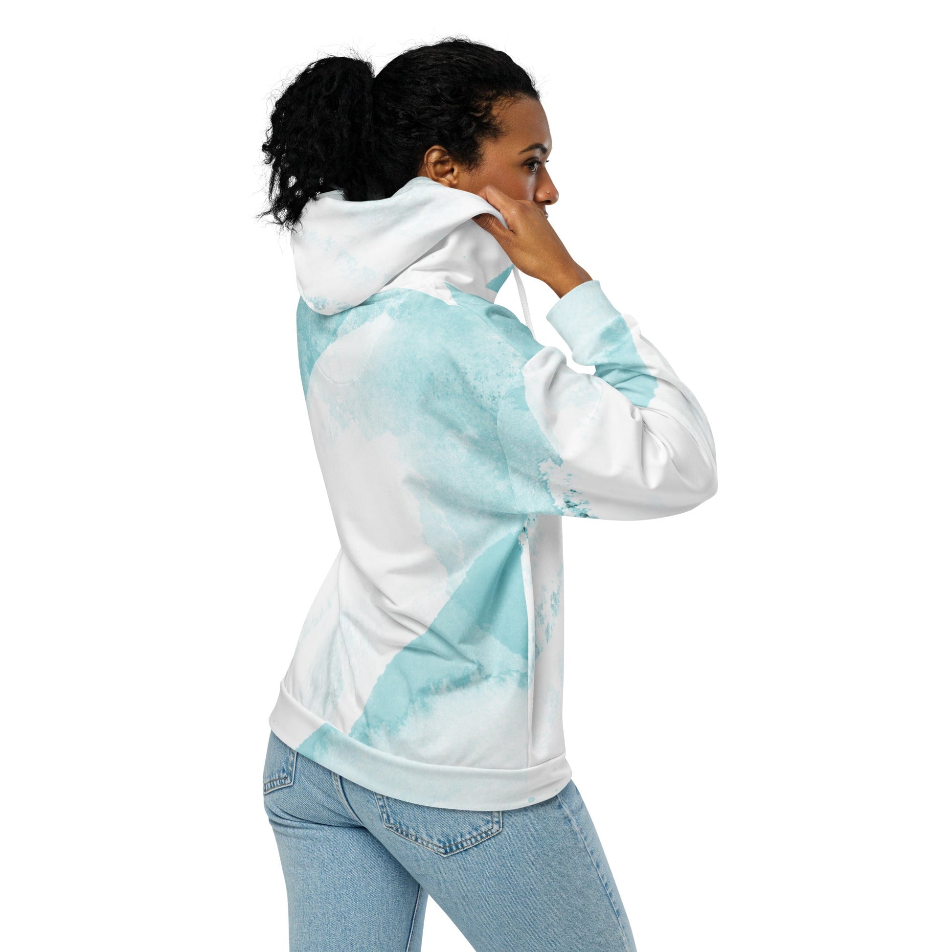 Womens Graphic Zip Hoodie Subtle Abstract Ocean Blue and White Print | Grey Coco