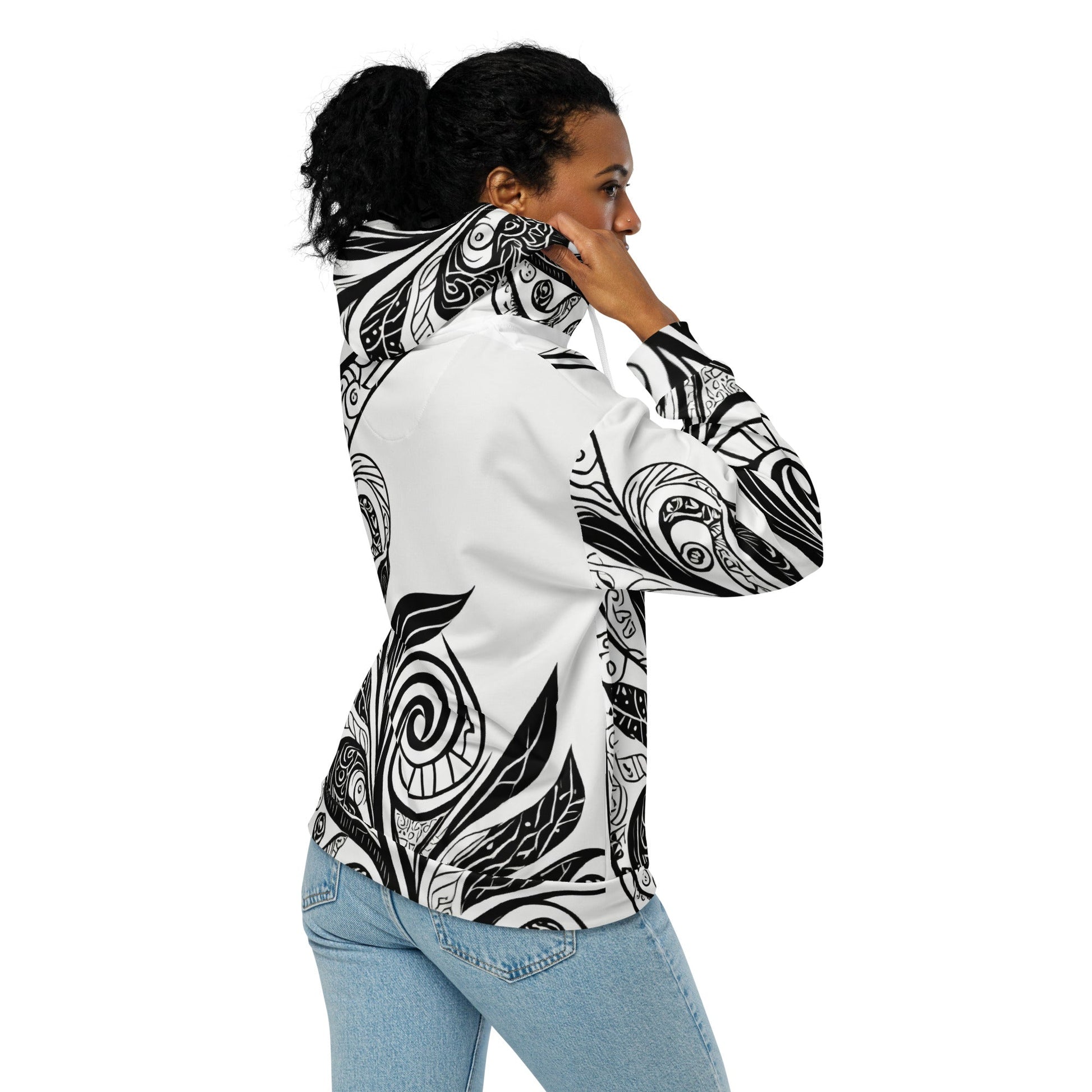 Womens Graphic Zip Hoodie Black Floral Lines | Grey Coco