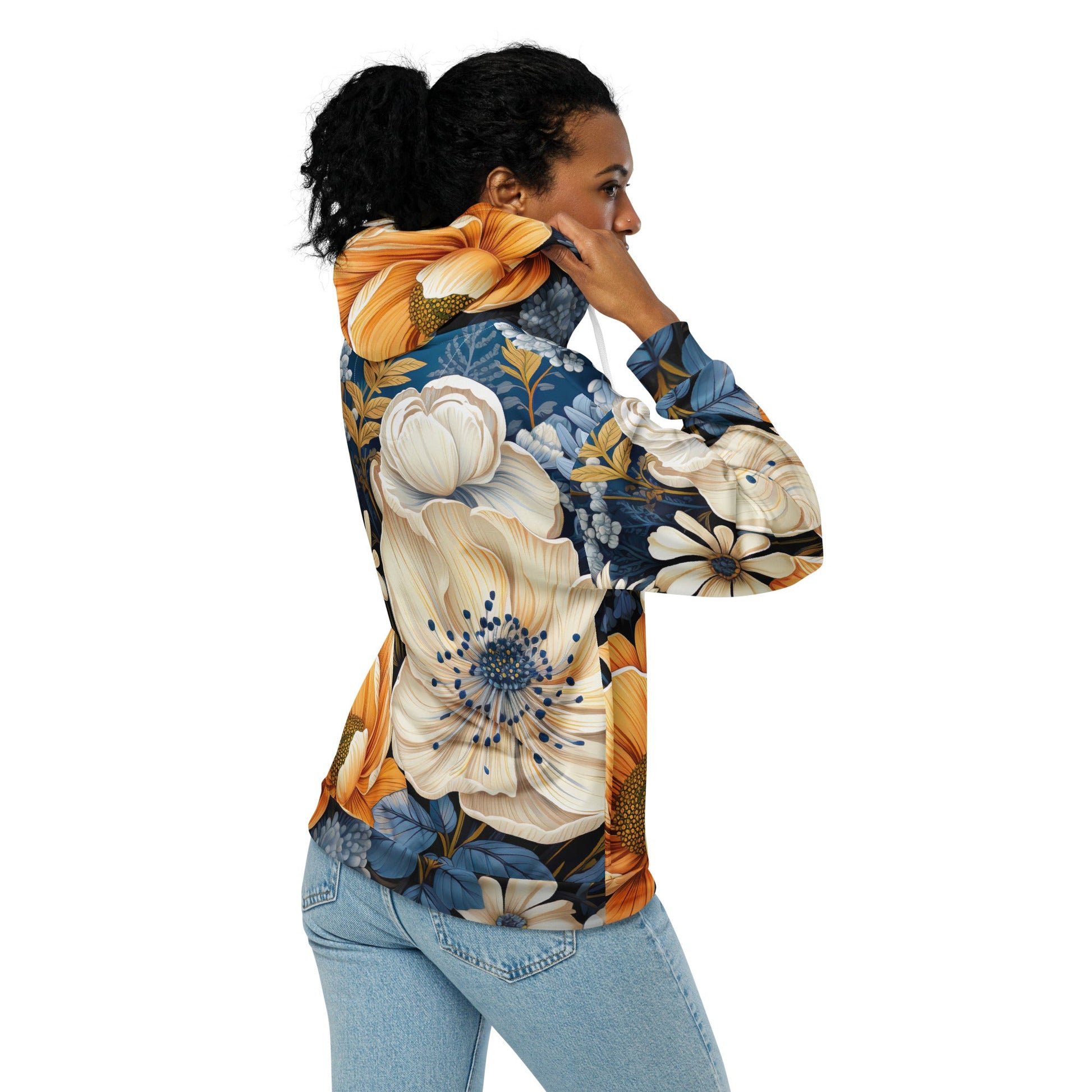 Womens Graphic Zip Hoodie Floral Blue Print | Grey Coco
