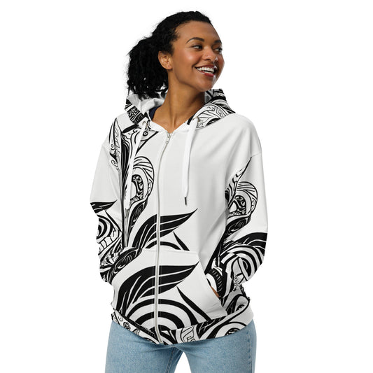 Womens Graphic Zip Hoodie Black Floral Lines | Grey Coco