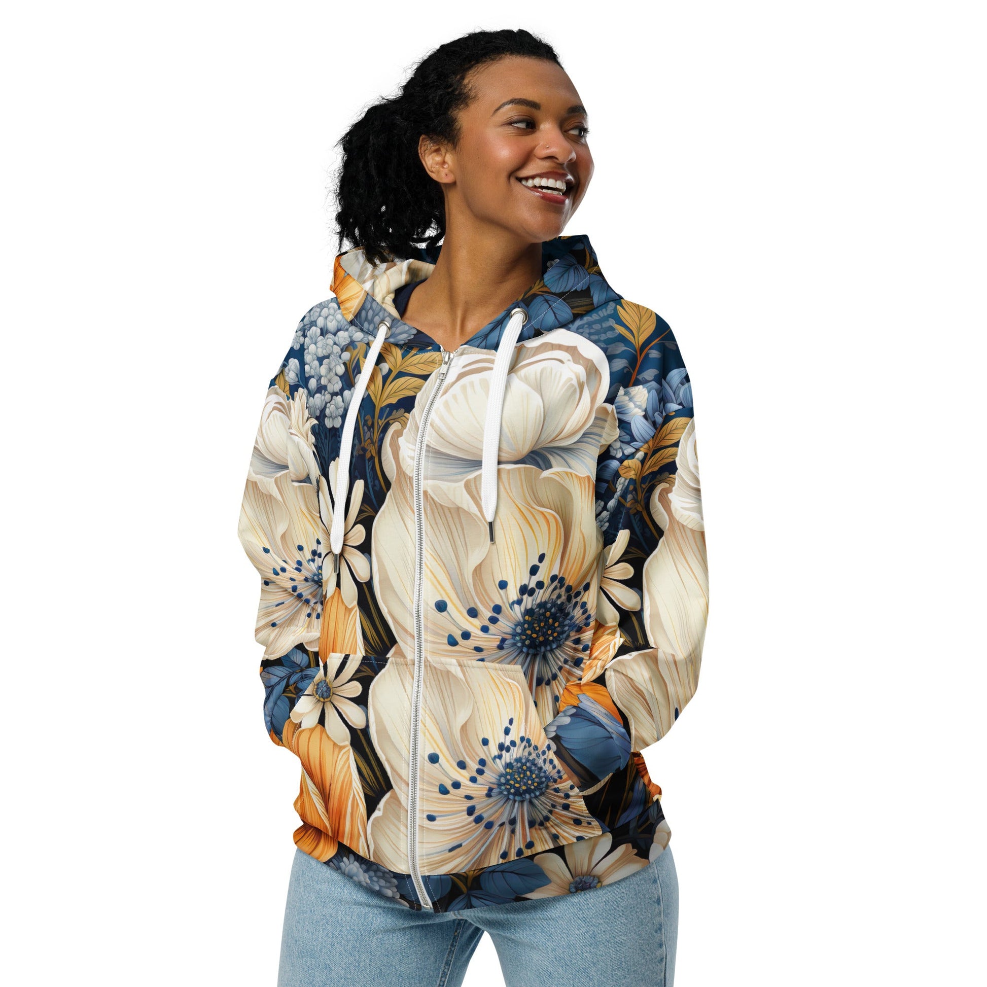 Womens Graphic Zip Hoodie Floral Blue Print | Grey Coco
