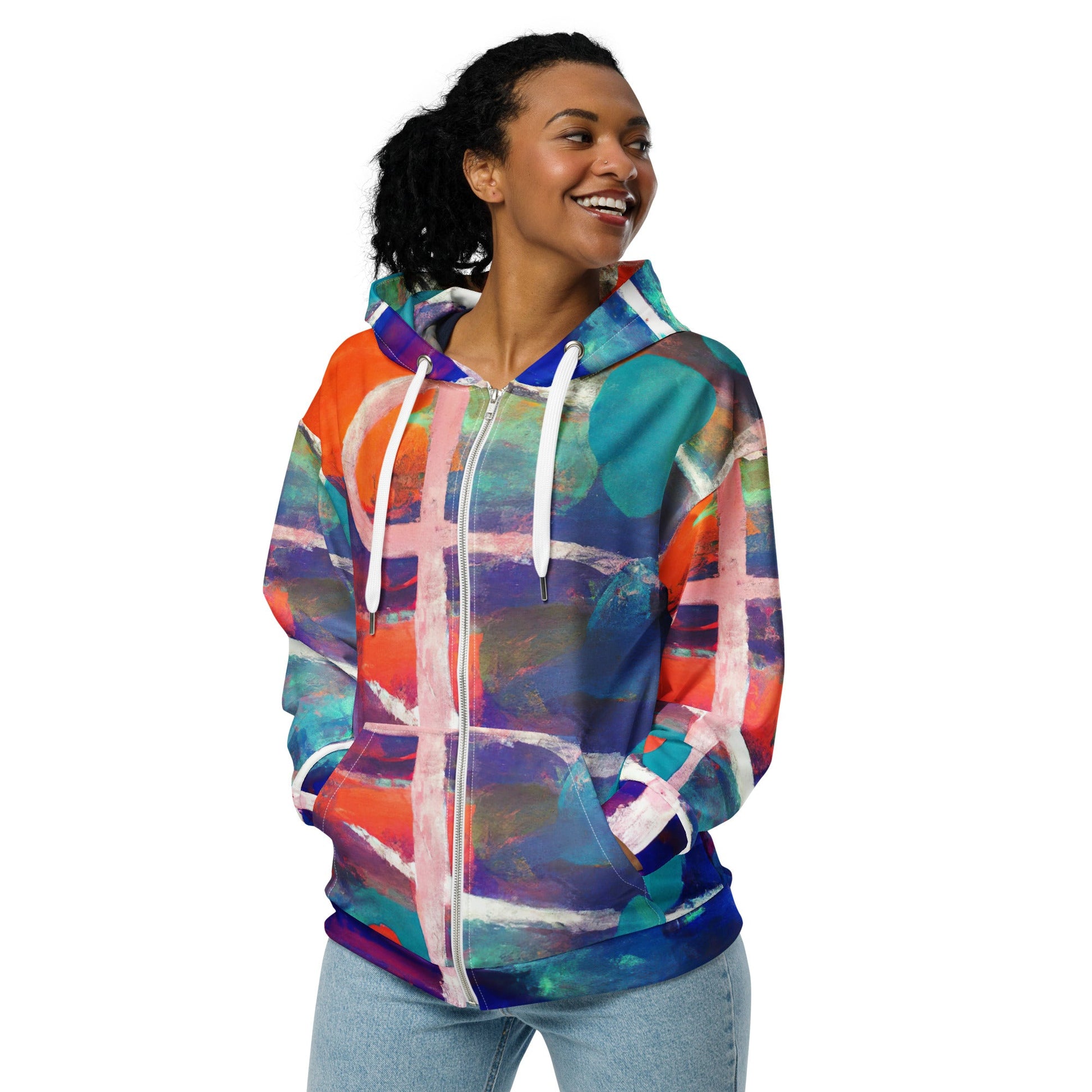 Womens Graphic Zip Hoodie Red Blue Multicolor Abstract Print | Grey Coco