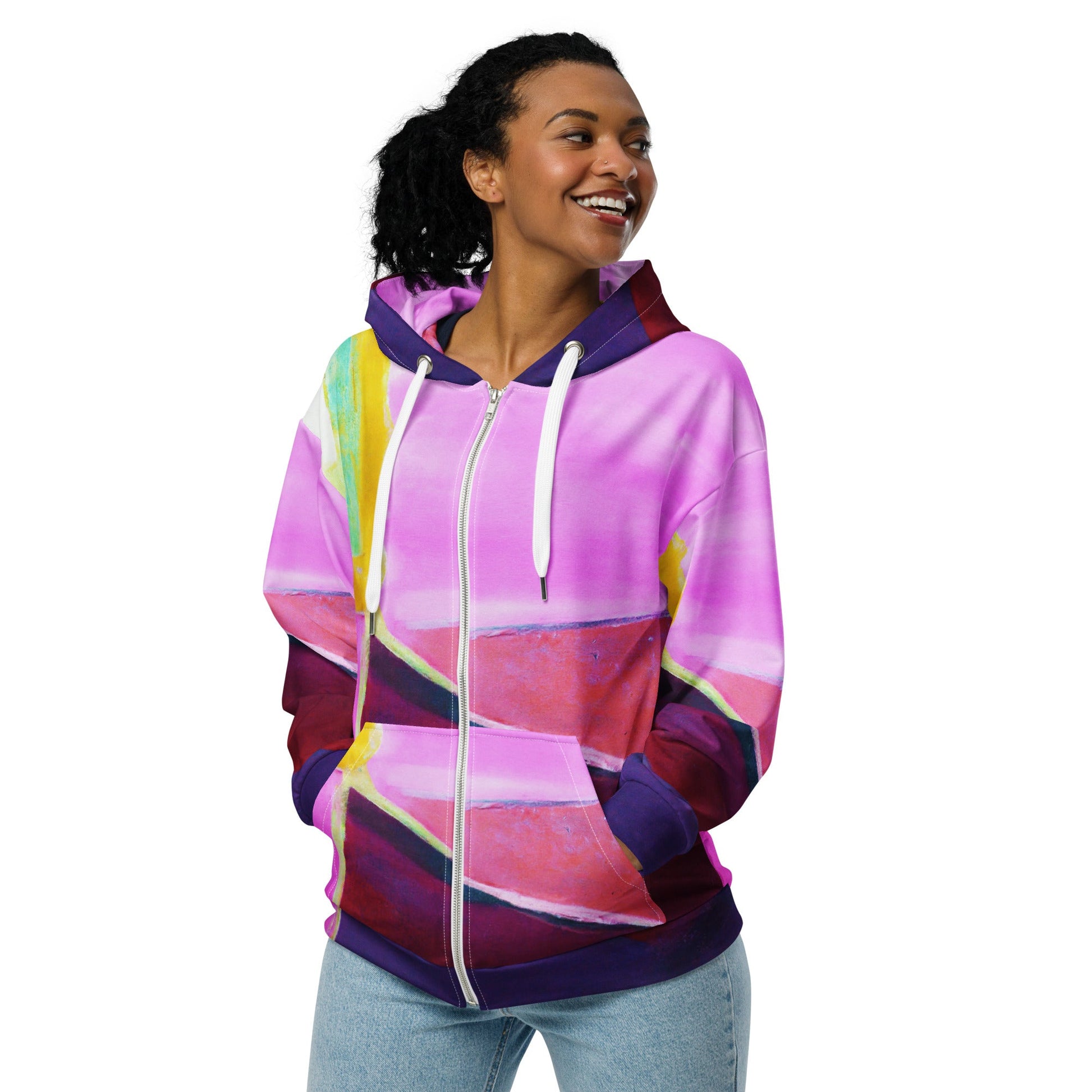 Womens Graphic Zip Hoodie Pink and Purple Pattern | Grey Coco