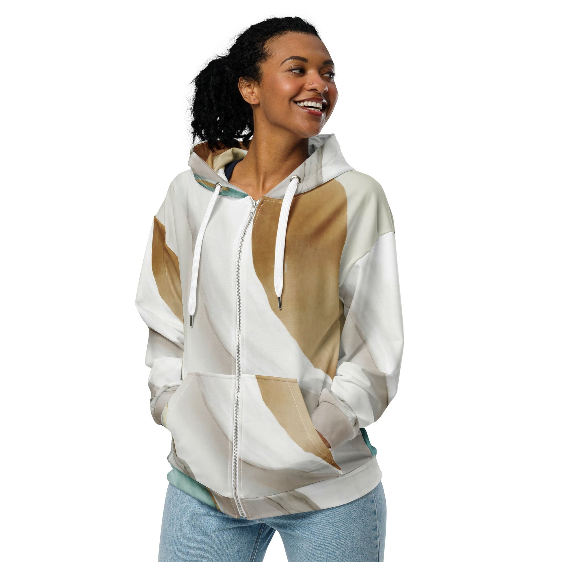 Womens Graphic Zip Hoodie Cream White Green Marbled Print | Grey Coco