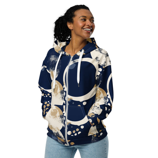 Womens Graphic Zip Hoodie Blue Beige Spotted Print | Stylish & Cozy