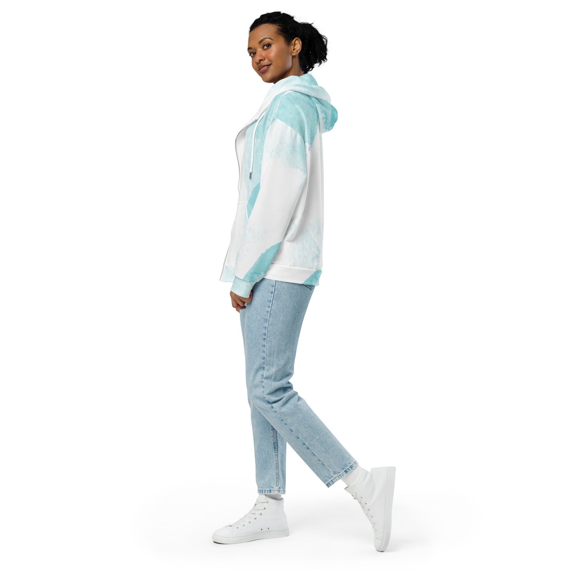 Womens Graphic Zip Hoodie Subtle Abstract Ocean Blue and White Print | Grey Coco
