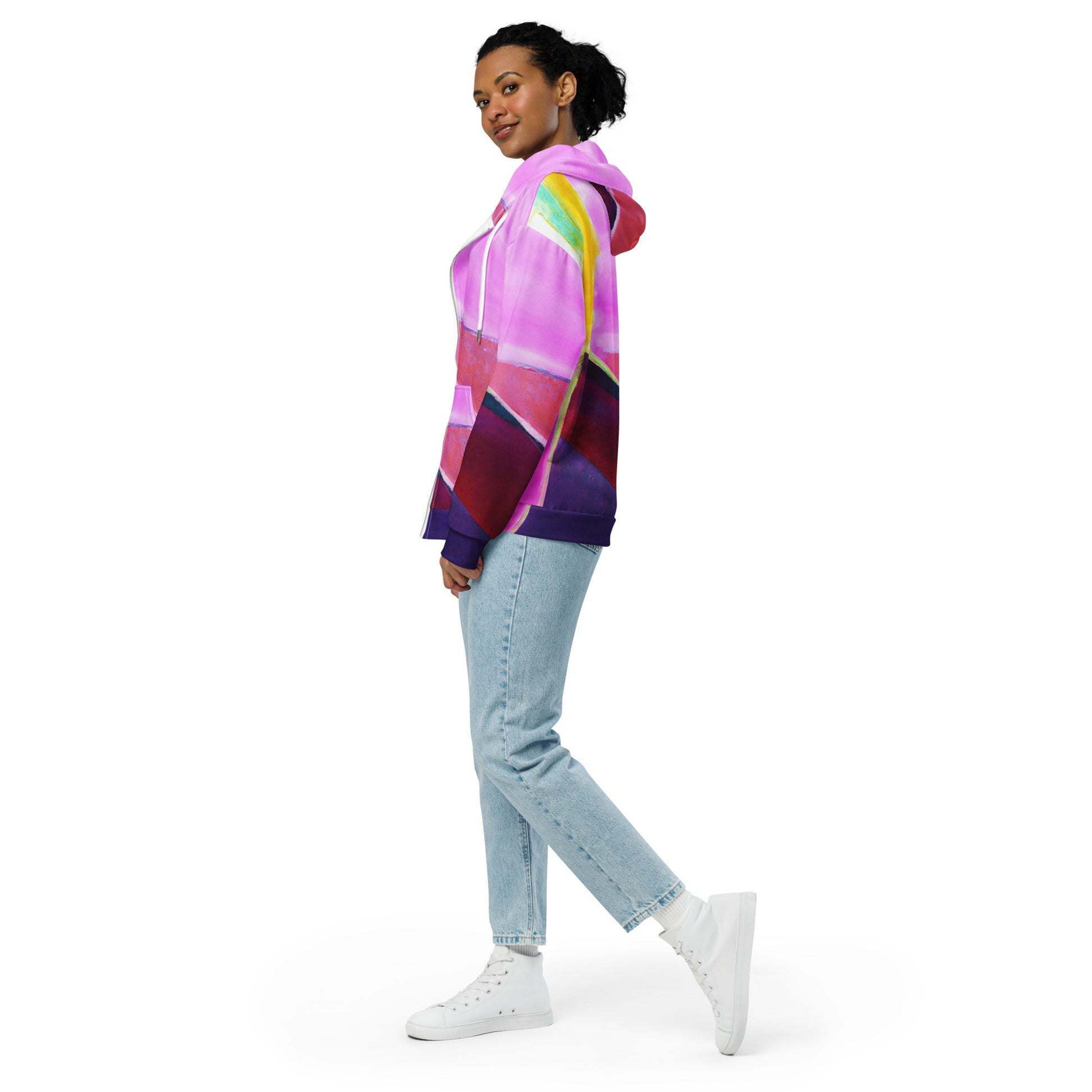 Womens Graphic Zip Hoodie Pink and Purple Pattern | Grey Coco