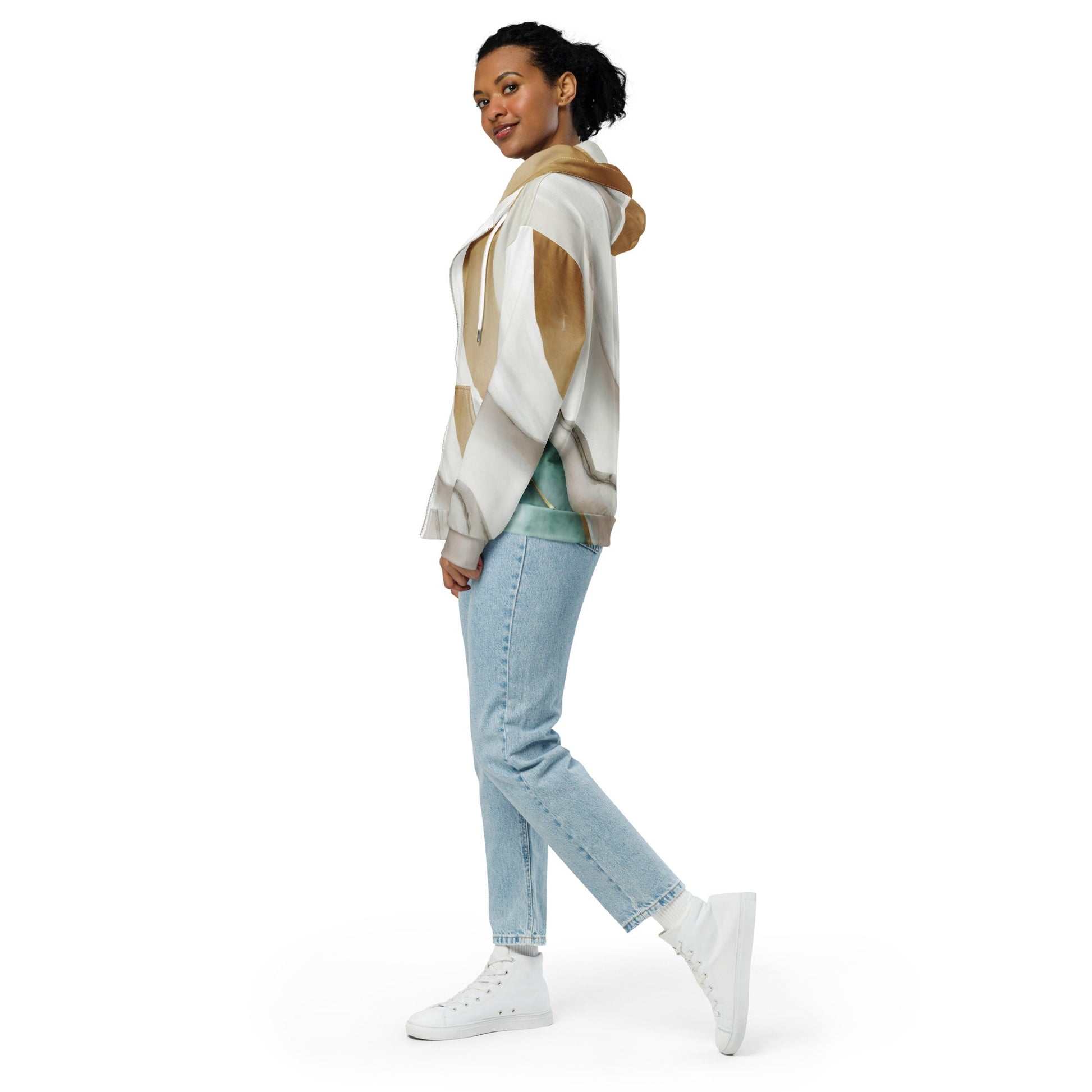 Womens Graphic Zip Hoodie Cream White Green Marbled Print | Grey Coco