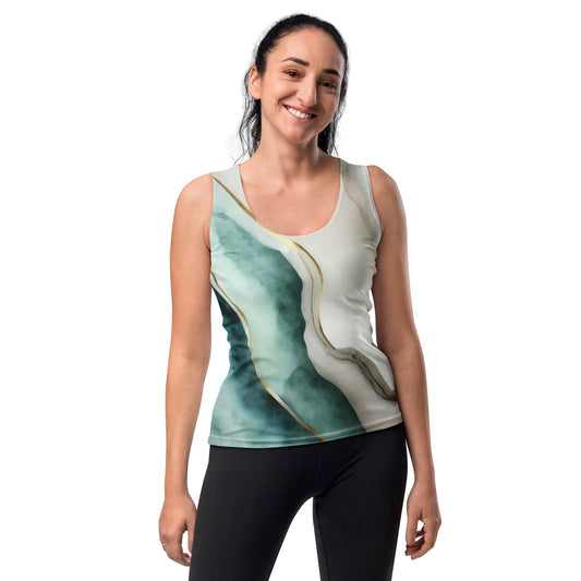 Womens Stretch Fit Tank Top - Cream White Green Marbled Print | Lightweight & Flexible