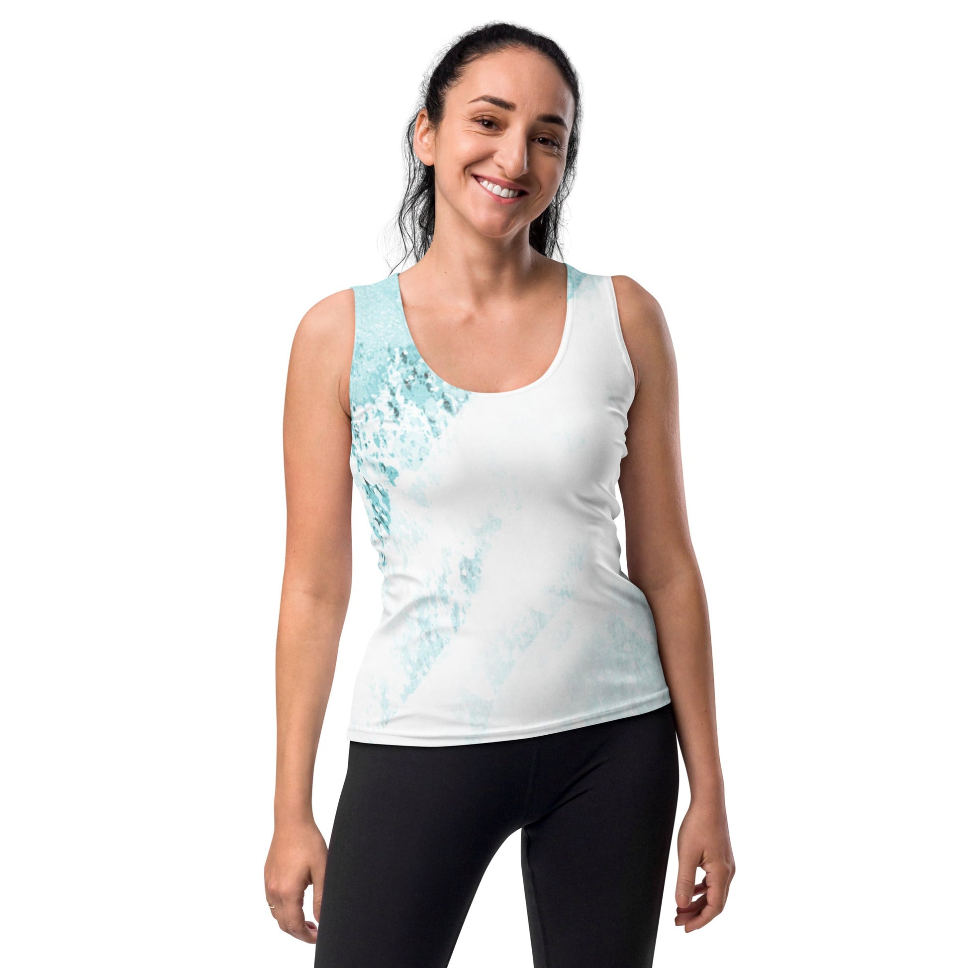 Womens Stretch Fit Tank Top – Subtle Abstract Ocean Blue & White | Lightweight & Breathable | Grey Coco