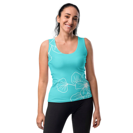 Womens Stretch Fit Tank Top – Floral Cyan Blue | Lightweight & Breathable