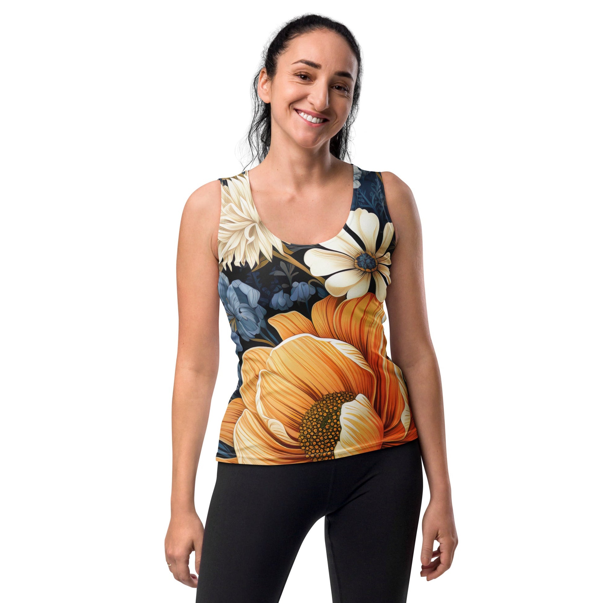 Womens Stretch Fit Tank Top - Floral Blue Print | Grey Coco