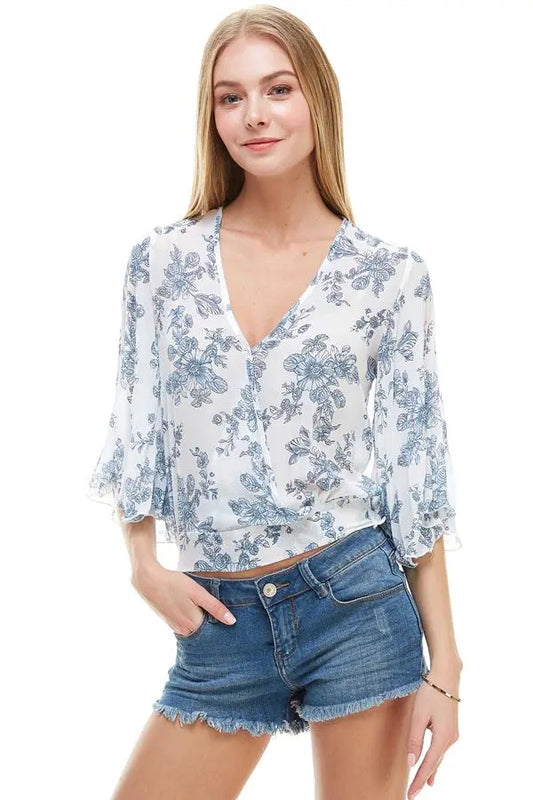 Long Sleeve Surplice Floral Top | Tie-Back Deep V Blouse | Indigo Arrowwood