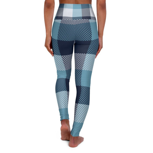 Womens High-waist Fitness Legging Yoga Pants - Blue White Plaid | Grey Coco