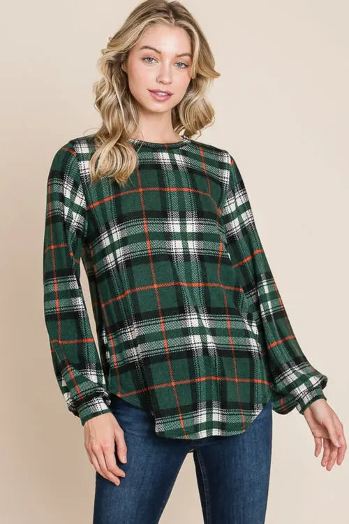 BOMBOM Curved Hem Plaid Round Neck Long Sleeve Top | Stylish Casual Tee | Jade Icarus